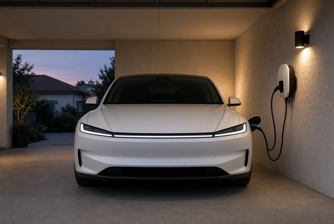 Coche eléctrico cargando en casa por la noche
