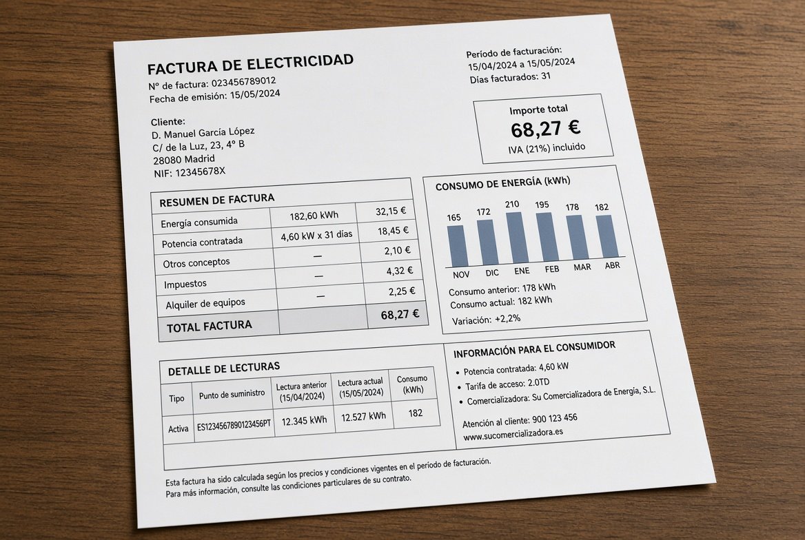 Factura de electricidad sobre mesa de madera