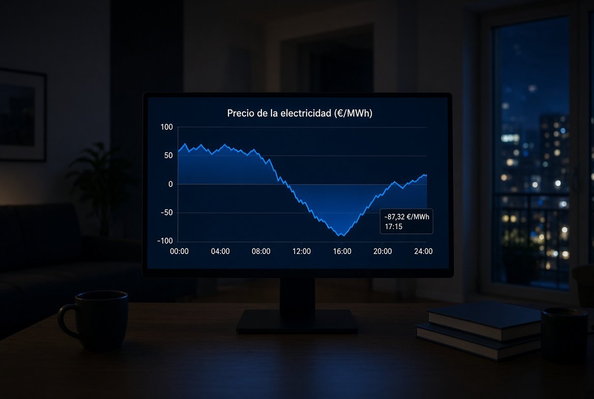 Gráfico de precio de la electricidad con valores negativos en pantalla